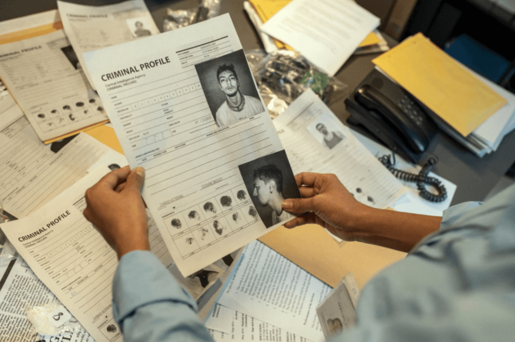 A person is holding what appears to be either an official criminal record or a background report. Either way, someone has a criminal past and they're reviewing the details of the document. Could be a private investigator.