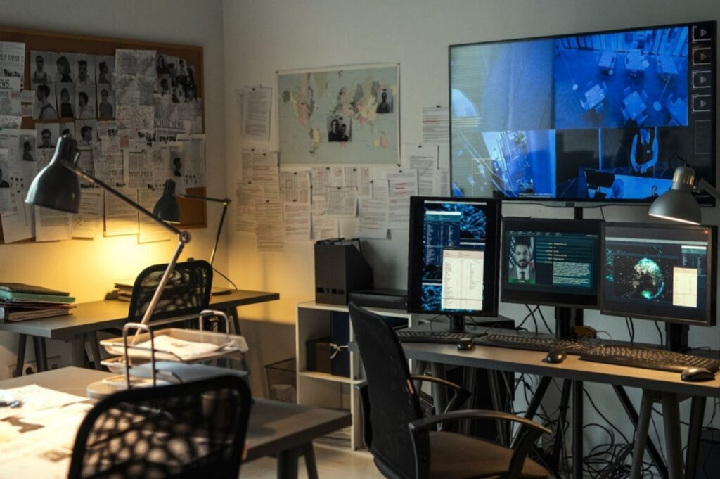 What appears to be a type of shared office space used for lawful investigations into private people or criminals. Lots of computers are active with tons of paperwork pinned to the walls.