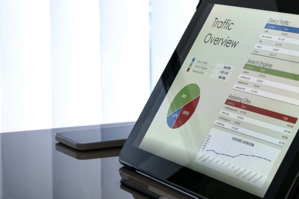 The dashboard on a computer's monitor for online marketing and SEO analytics.