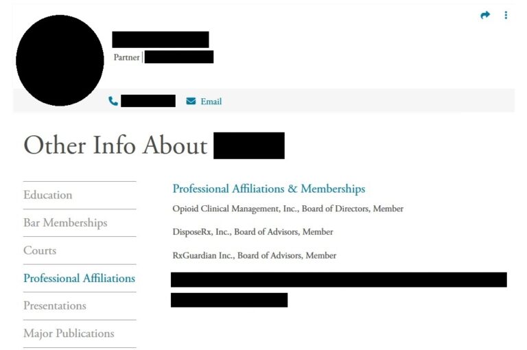 The screenshot from a Frost Brown Todd, a law firm, and one of their partners who is involved with many OUD conflicts of interest.